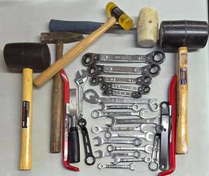 lot 284K image: G - Mixed Hand Tool Lot with Wrenches, Pry Bars, and Mallets