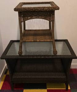 lot 290K image: G - Set of 2 Wicker Glass-Top Tables