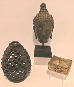 lot 298K image: LL-CL - Decorative Bronze Buddha Bust, Cast Iron Pine Cone Candle Holder, and Brass Betel Box Set
