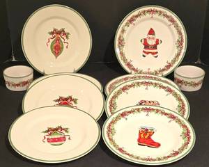 lot 342K image: LL-TR - Traditions by Christopher Radko Holiday Celebration 8 Salad Plates and 2 Ramekins
