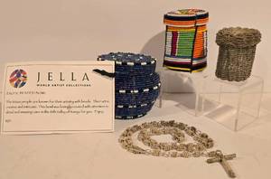 lot 343K image: LL-TR - Set of 3 African Beaded & Woven Art Pieces Jella Bowl, Multicolored Canister, Metal Wire Rosary with Case