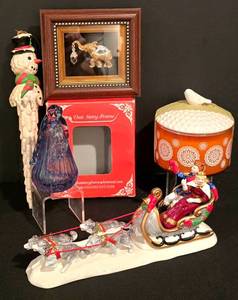 lot 348K image: LL-TR - Holiday and Decorative Collectibles Lot Framed Elephant, Sleigh, Candle, Snowman Ornament, Glass Angel
