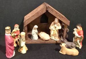 lot 353K image: LL-TR - Ceramic Nativity Scene Set with Wood Stable - 11 Piece Holiday Display