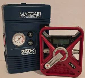 lot 361K image: G - Massair 250 PSI 12V Air Compressor and Eton Emergency Radio Set