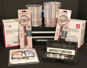 lot 363K image: G - Workshop Lot with Metal Tool Organizer, Safety Gear, Tape, Magnifiers, Impact Driver Kits