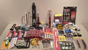lot 470K image: G - Large Assortment of Utility Knives, Precision Knife Sets, Tape Measures, Saw Blades, and Hand Tools