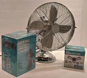 lot 471K image: LL-FR - Vintage 12-Inch Desk Fan and Sealed North Tech Cordless 6-Inch Fan Kit