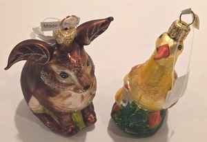 lot 483K image: LL-FR - Set of 2 Polish Glass Ornaments - Brown Rabbit and Duck Family