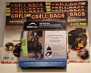 lot 486K image: LL-FR - ShelterLogic Firewood Carrier Bag and 6 Packs Non-Stick BBQ Grill Bags