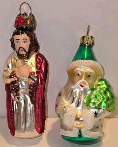 lot 489K image: LL-FR - Set of 2 Cody Foster Glass Christmas Ornaments Jesus and Santa Claus