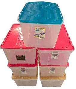 lot 518K image: LL-FR - Lot of 7 Plastic Storage Totes - 6 x 12 Gallon, 1 x 15 Gallon with Lids