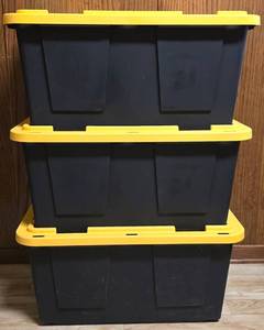lot 564K image: BS - Set of 3 Sturdy 27-Gallon Storage Totes with Yellow Lids