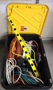 lot 567K image: G - Bin of Extension Cords, Multi Outlet Workbench Unit, Timers and Cord Bracket