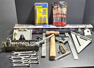 lot 648K image: G - Variety of Hand Tools Including Wrenches, Sockets, Squares, and Drill Bits