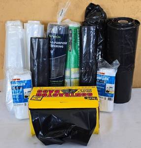 lot 654K image: G - Assorted Drop Cloths, Plastic Sheeting, and Contractor Bags Collection