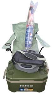 lot 666K image: G - Outdoor Set with 52 Qt Igloo Cooler, Folding Camp Chair, Soft Side Cooler, and New US Flag