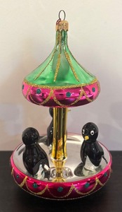 lot 7R image: FR - Christopher Radko Tuxedo Carousel Ornament  VERY RARE Christopher Radko Ornament Tuxedo Carousel Penguins Glass Christmas