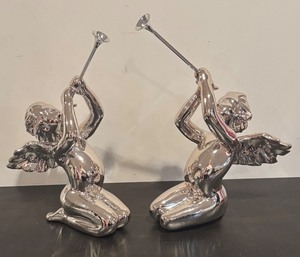 lot 26R image: S - Pair of Department 56 Silver Cherub Trumpet Figurines