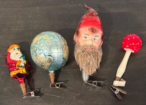 lot 124R image: S - Set of 4 Vintage Glass Clip Ornaments including Santa, Globe, Mushroom and Lumberjack