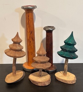 lot 157R image: S - Lot of 2 Vintage Wooden Textile Spools and 3 Handcrafted Wooden Trees