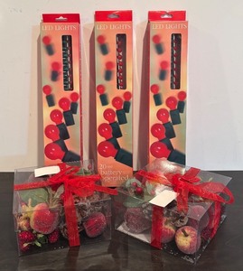 lot 160R image: S - Set of New Red LED String Lights and Festive Fruit and Berry Decor Boxes