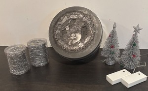 lot 198R image: S - Holiday Silver Tinsel, Decorative Trees and Vintage Santa Tin