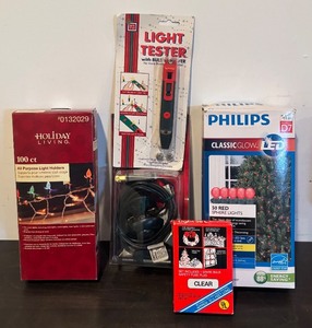 lot 381R image: TR - Holiday Lights and Accessories Lot 100 Light Holders, Clear Light Set, Red LED String, Light Tester and More