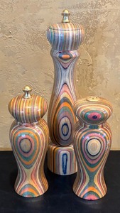 lot 545R image: LR - Set of 3 Multicolor Striped Wood Salt and Pepper Mills