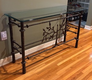 lot 560R image: MB - Glass Top Console Table with Metal Tree Design