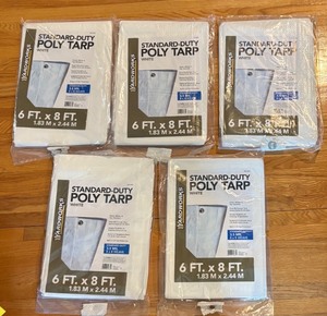lot 584R image: LR - Lot of 5 Unopened Yardworks Standard Duty Poly Tarps 6 ft x 8 ft