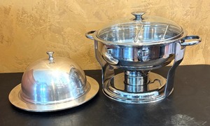 lot 591R image: MB - Stainless Steel Chafing Dish and Restoration Hardware Domed Serving Platter