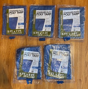 lot 609R image: LR - Lot of 5 New Yardworks Standard-Duty Poly Tarps 6x8 and 5x7 ft Sealed