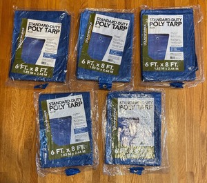 lot 622R image: MBC - Set of 5 New Yardworks 6 ft x 8 ft Blue Standard-Duty Poly Tarps