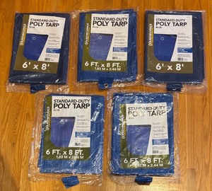 lot 628R image: MBC - Set of 5 New Yardworks Standard-Duty 6 x 8 ft Poly Tarps