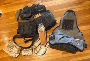 lot 677R image: MBC - Lot of Tool Belts, Apron, and New McGuire Nicholas Pliers Holder