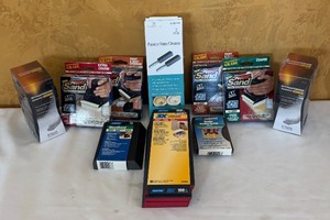 lot 680R image: MB - Large Lot of Sanding Sponges, Stripping Blocks, and Pumice Stone Cleaner Packs