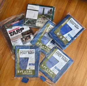 lot 682R image: MBC - Lot of 5 Poly Tarps and Brookstone Patio Umbrella Cover