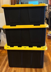 lot 695R image: BS - Set of 3 Large Black Storage Totes with Yellow Lids