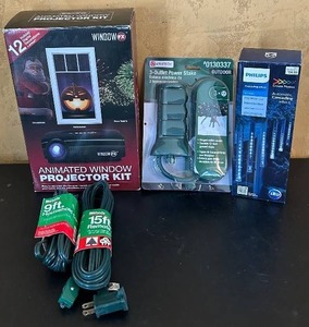 lot 59C image: LR - Holiday Window Projector Kit, Outdoor Power Accessories and LED Icicle Lights Bundle