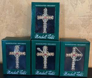 lot 83C image: LR - Set of 4 Marshall Fields Handcrafted Cross Ornaments with Jewels