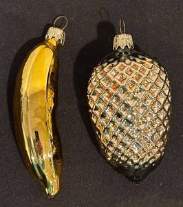 lot 324C image: S - Set of 2 Glass Fruit Christmas Ornaments, 5 Inch Banana and Pinecone