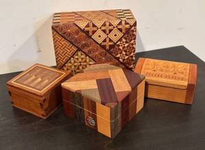 lot 801R image: LL  - Set of 4 Handcrafted Wooden Trinket Boxes with Inlay and Carvings