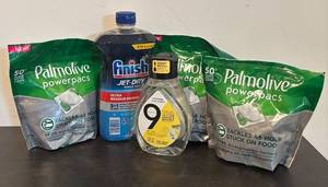 lot 852R image: LL - Dishwashing Supplies Lot - Palmolive Powerpacs, Finish Jet-Dry Rinse Aid and 9 Elements Foaming Dish Spray