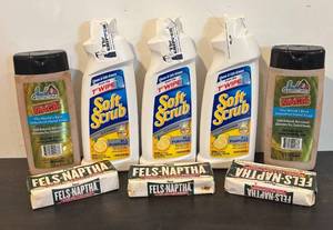 lot 853R image: LL  - Cleaning Supply Lot Soft Scrub, Fels-Naptha Laundry Bars, Jack Manufacturing Hand Soap