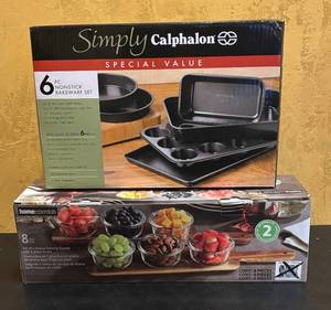 lot 890R image: LR - Calphalon 6-Piece Nonstick Bakeware Set & Home Essentials 8-Piece Acacia Serving Boards with 6 Glass Bowls