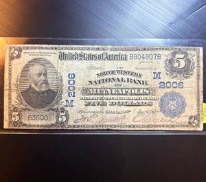 1902 $5 Minneapolis Northwest National Large Bank Note VG/F