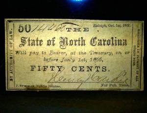 lot 12 image: XFAU 1861 Confederate North Carolina 50 Cent State Treasury Note - Scarce in this condition