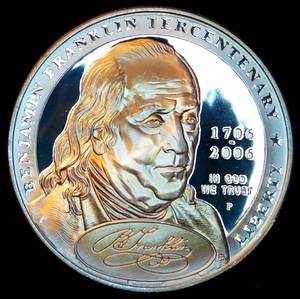 lot 19 image: Proof 2006 Ben Franklin Tercentenary Commemorative Silver Dollar