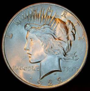 lot 37 image: Uncirculated 1923 Peace Dollar, High Grade, Full Luster, MidHigh MS