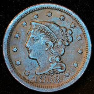 lot 42 image: XF 1853 Braided Hair Large Cent, Original Surfaces